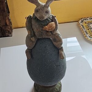 Handcrafted Rabbit Figurine on Egg - Rustic Gray & Tan